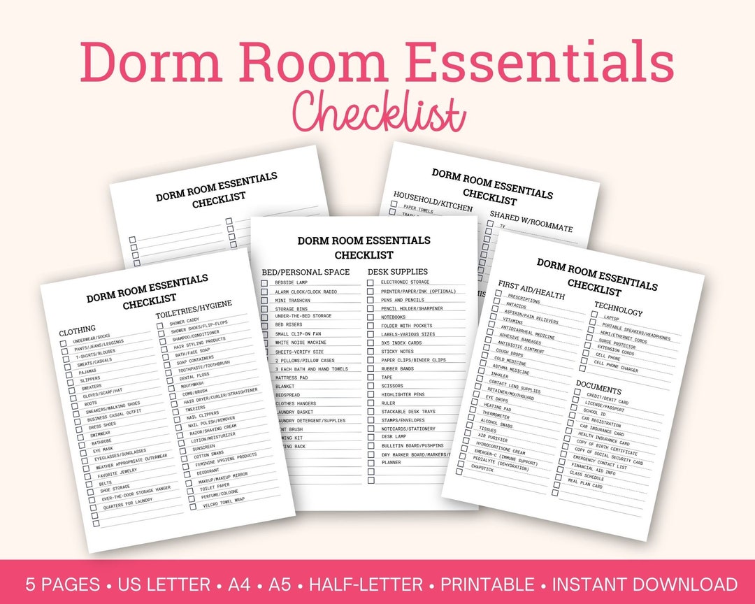 Dorm Room Essentials Checklist Printable, College Packing List, Back to