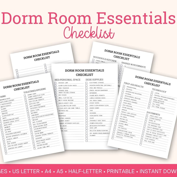 Dorm Room Essentials Checklist Printable, College Packing List, Back to School, College Dorm Moving Checklist