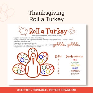 Roll-A-Turkey druckbares Spiel für Kinder, Thanksgiving druckbare Familienspiele, Friendsgiving Türkei Süßigkeiten Würfelspiel, Thanksgiving Kinderspiele