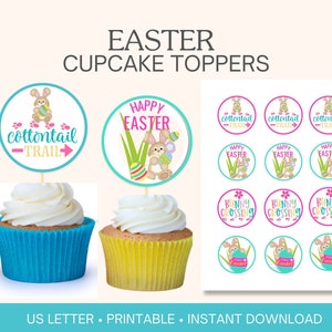 Easter bunny cupcake toppers printable, Easter brunch printable cupcake toppers, tags for party favor bags, treat bags, or cookie bags