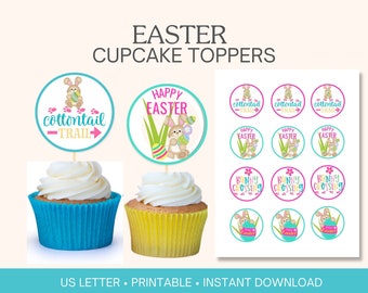Easter bunny cupcake toppers printable, Easter brunch printable cupcake toppers, tags for party favor bags, treat bags, or cookie bags