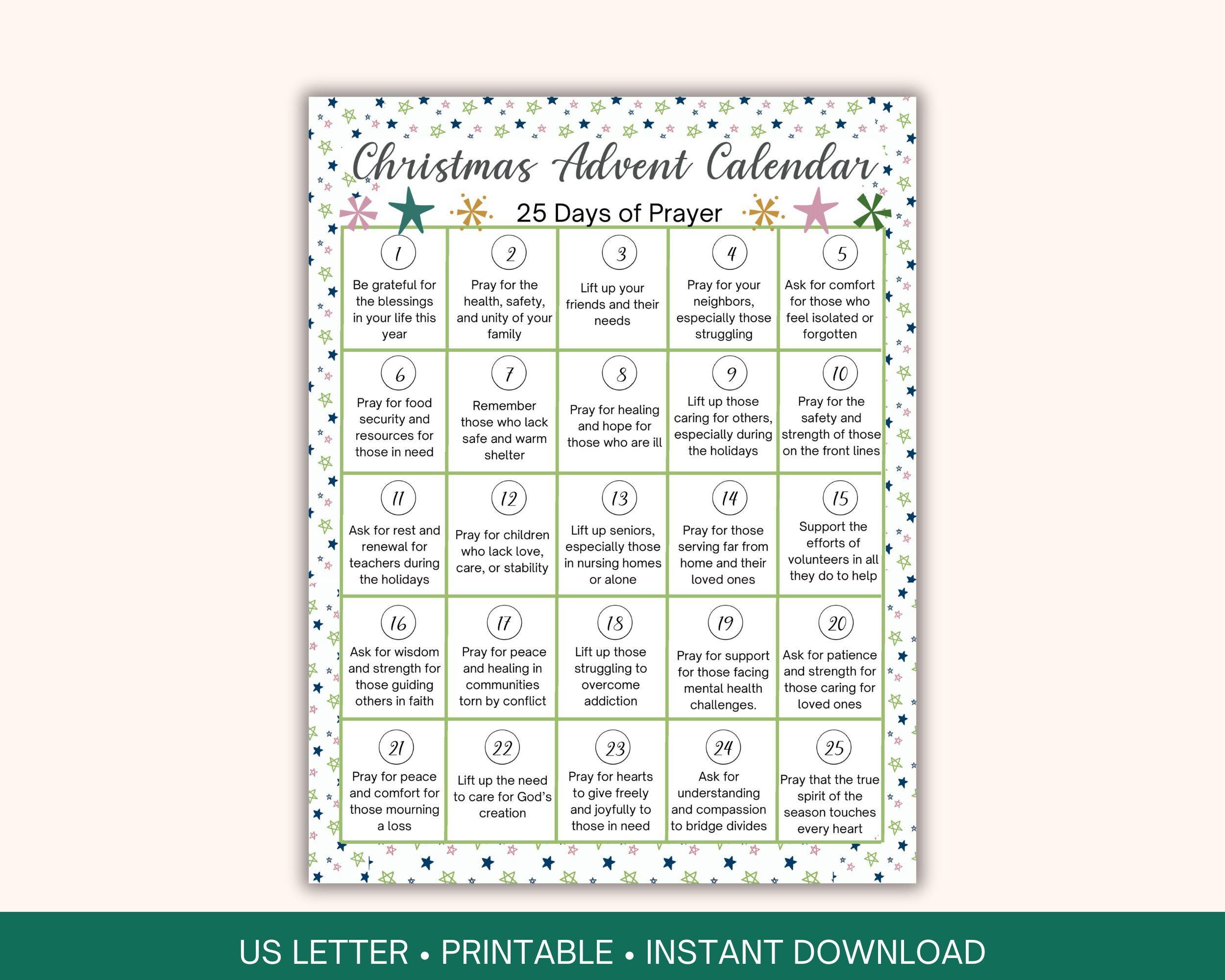 25 Days of Prayer printable Christmas Advent calendar, Printable countdown calendar, Prayer prompts for the holidays, Kids prayer guide