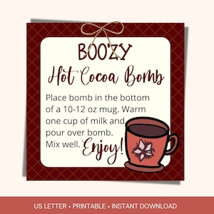 Christmas Boozy Hot Cocoa Bomb printable gift tag, Instructional gift tag for homemade Boozy Hot Cocoa Bomb, DIY Hot Chocolate Bomb gift tag
