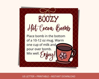Christmas Boozy Hot Cocoa Bomb printable gift tag, Instructional gift tag for homemade Boozy Hot Cocoa Bomb, DIY Hot Chocolate Bomb gift tag