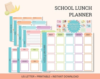 School Lunch Planner, Weekly Meal Prep, Kids Lunchbox Notes (PDF)