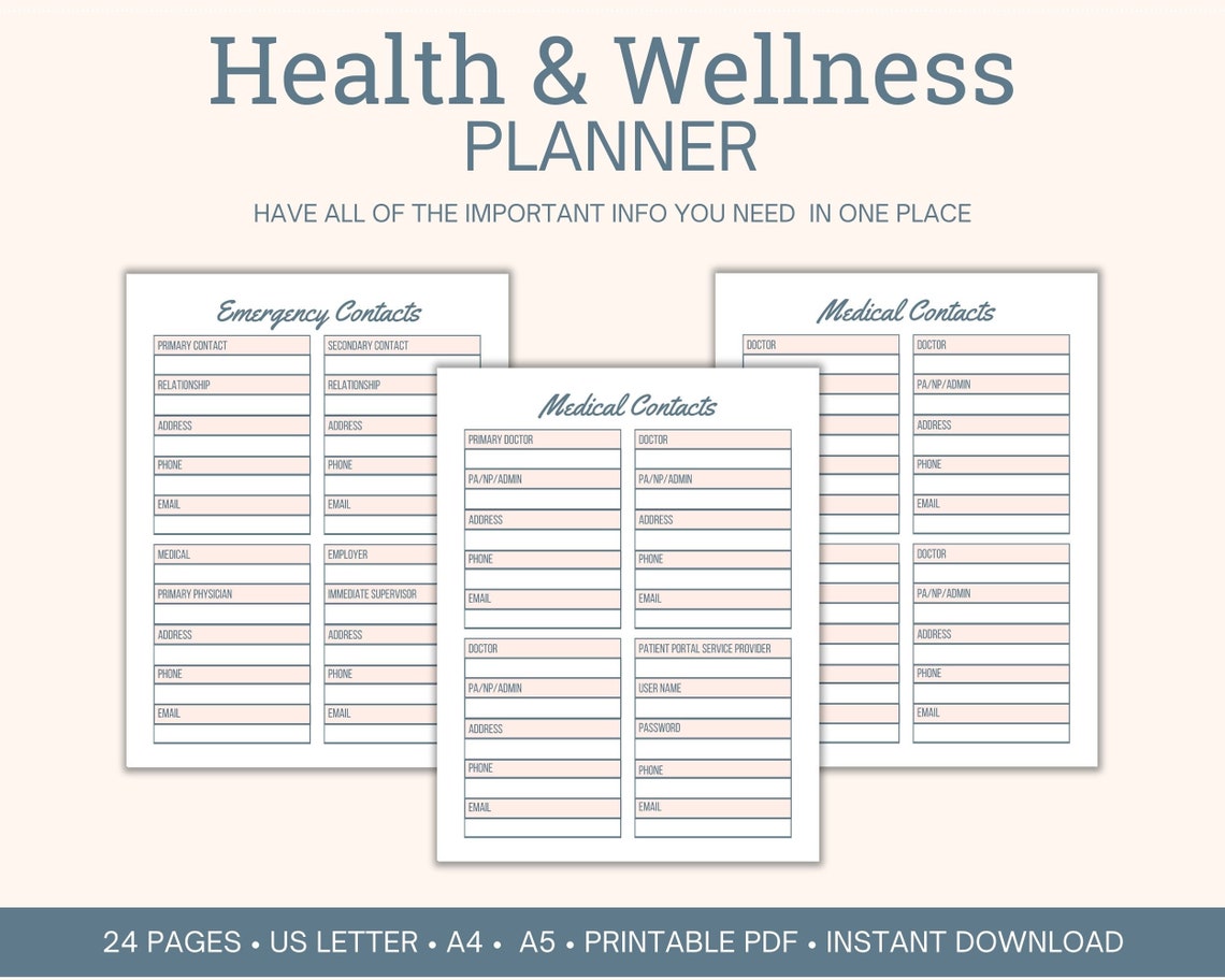 Health and Wellness Planner Printable, Health Care Binder, Medical
