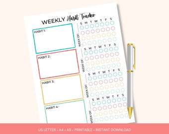 Weekly Habit Tracker Printable, Daily Mood Tracker (US Letter, A4, A5 PDF)