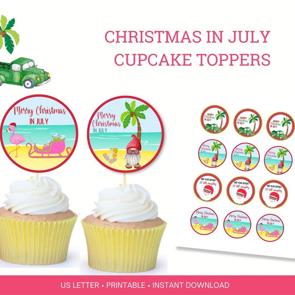 Christmas in July printable cupcake toppers, Christmas in July party favor bag tags, Christmas in July Party