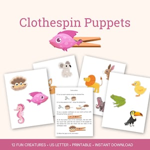 May include: Printable clothespin puppets featuring 12 different animal designs. The instructions include cutting out the animals along the dashed lines, cutting them in half along the dotted lines, and gluing them to the clothespin.