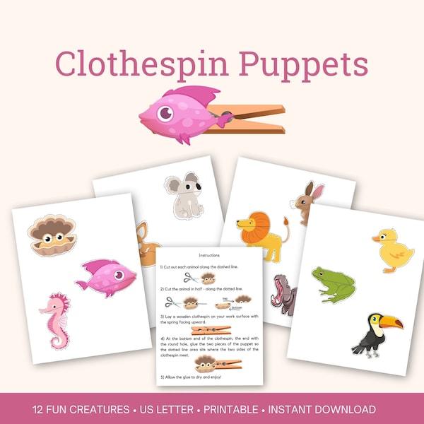 Clothespin puppets, printable kids craft, Craft for kindergarten, Homeschool or church craft project for kids