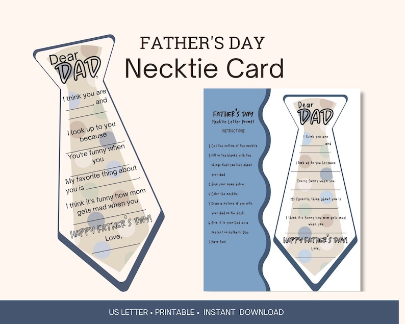 Father's Day Printable Card, Necktie Letter Template From Kids, Craft Activity for Fathers Day ...