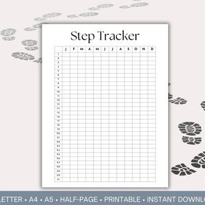 Jaarlijkse stappenteller afdrukbaar, minimalistisch ontwerp, fitnesstracker voor een jaar, trainingsdoeltracker, stappenlogboek, stappenteller