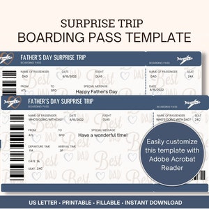 Surprise Father&#39;s Day Trip fillable, printable Boarding Pass Template, Surprise Flight, Father&#39;s Day Gift Boarding Pass, Gift from her