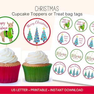 Christmas cupcake toppers printable, Christmas cupcake gift tag, party favor bag tag,  2 inch round cookie tags, Printable cookie tag