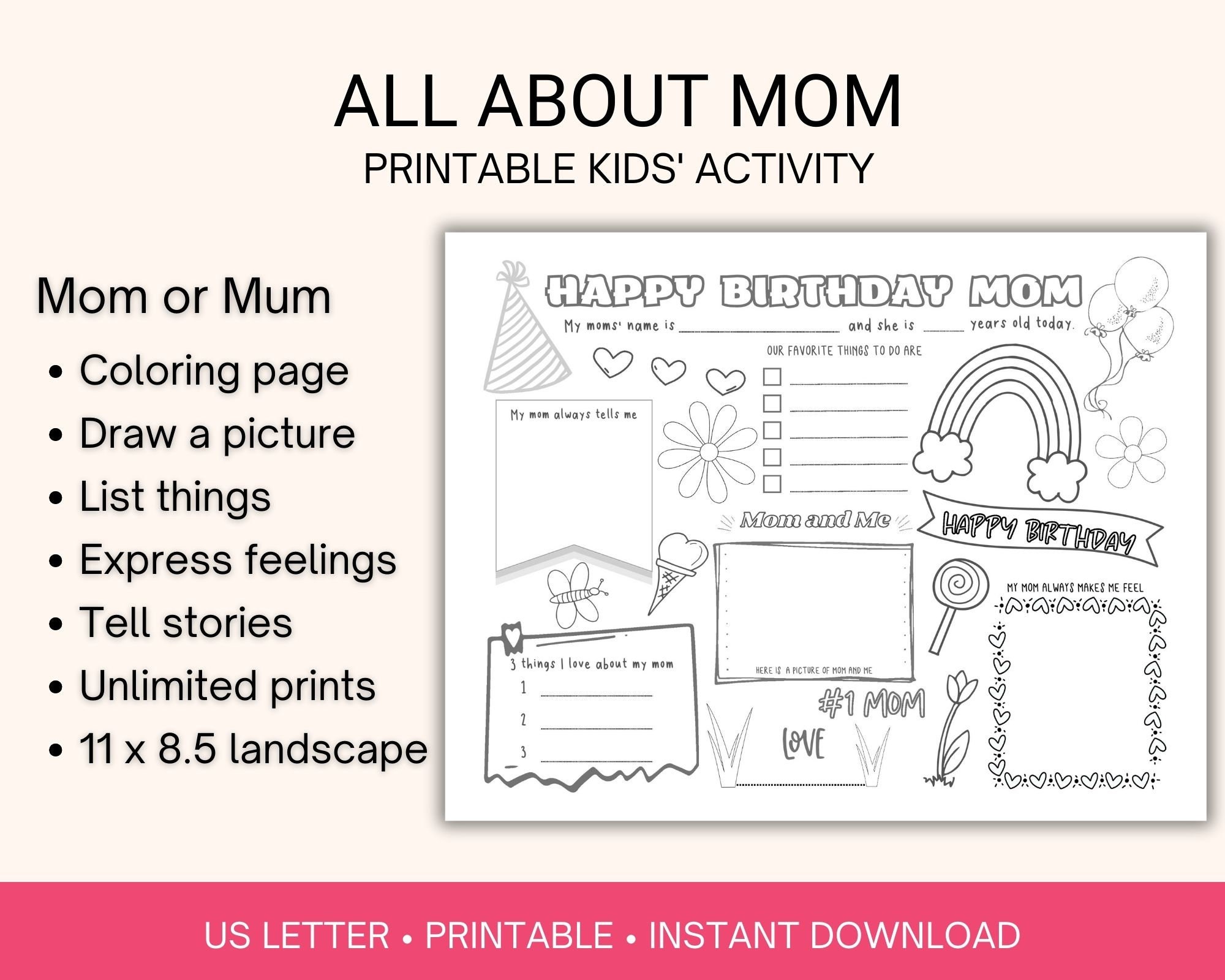Mom Birthday Card, Kids Activities Sheet, Coloring Page, Party Favor ...