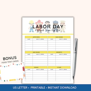 Puede incluir: Una lista de inscripción para una comida compartida del Día del Trabajo con secciones para aperitivos, platos principales, guarniciones, postres, bebidas y otros. Diseño amarillo y blanco con personajes de dibujos animados. Incluye tarjetas de carpa de comida de bonificación.