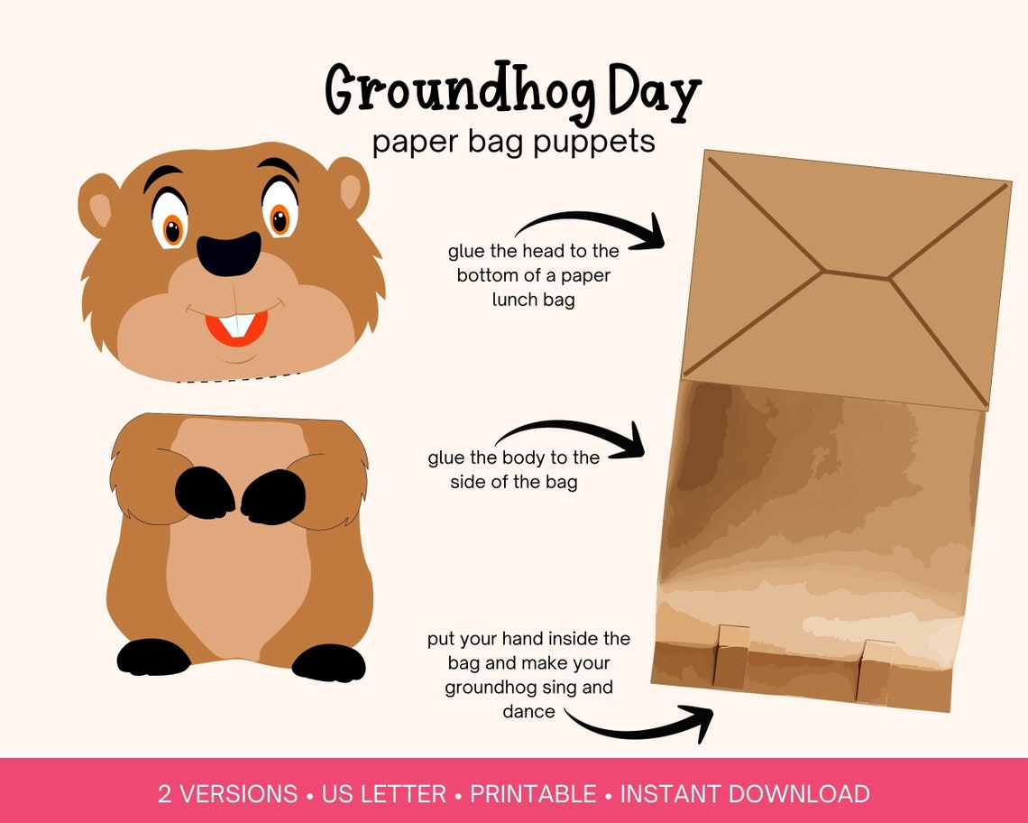 Groundhog Day Paper Bag Puppet, Printable Activity for Kindergarten ...