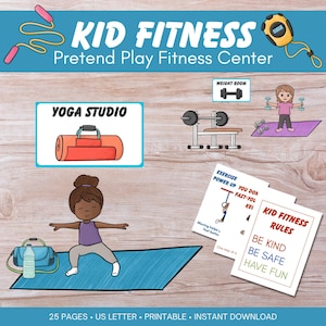 Kid Fitness Pretend Play Set, Exercise Yoga Cards (Digital Download)