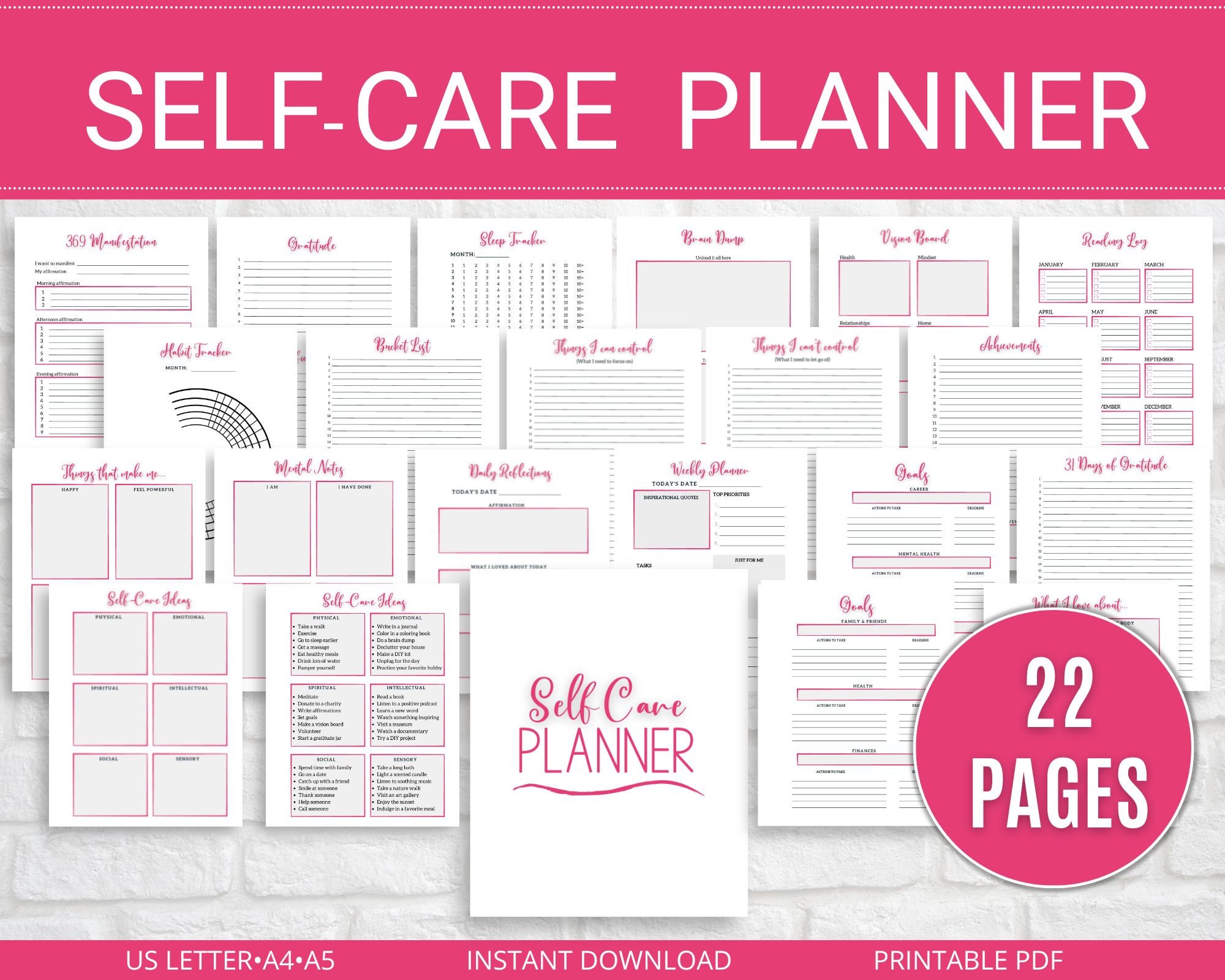 Self Care Planner Printable Bundle, Habit Tracker, Gratitude Journal ...