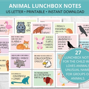Notas para loncheras para niños para imprimir, notas para loncheras de grupos de animales