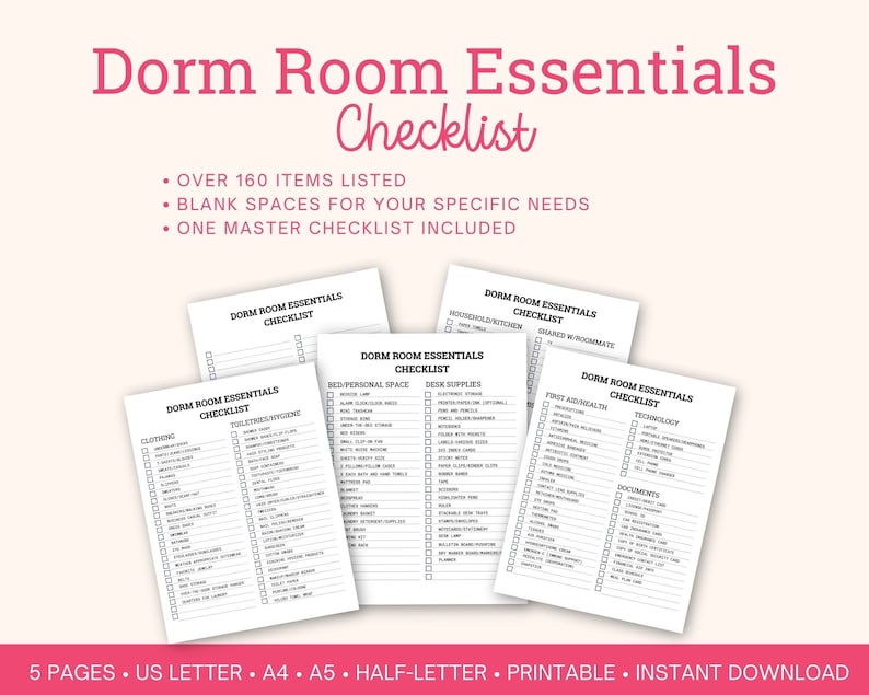 Dorm Room Essentials Checklist Printable, College Packing List, Back to ...
