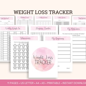Afdrukbaar dagboek met gewichtsverliestracker, gewichtsverliesgrafiek, watertracker, workouttracker, stappentracker | Fitnessplanner | Wekelijkse weging
