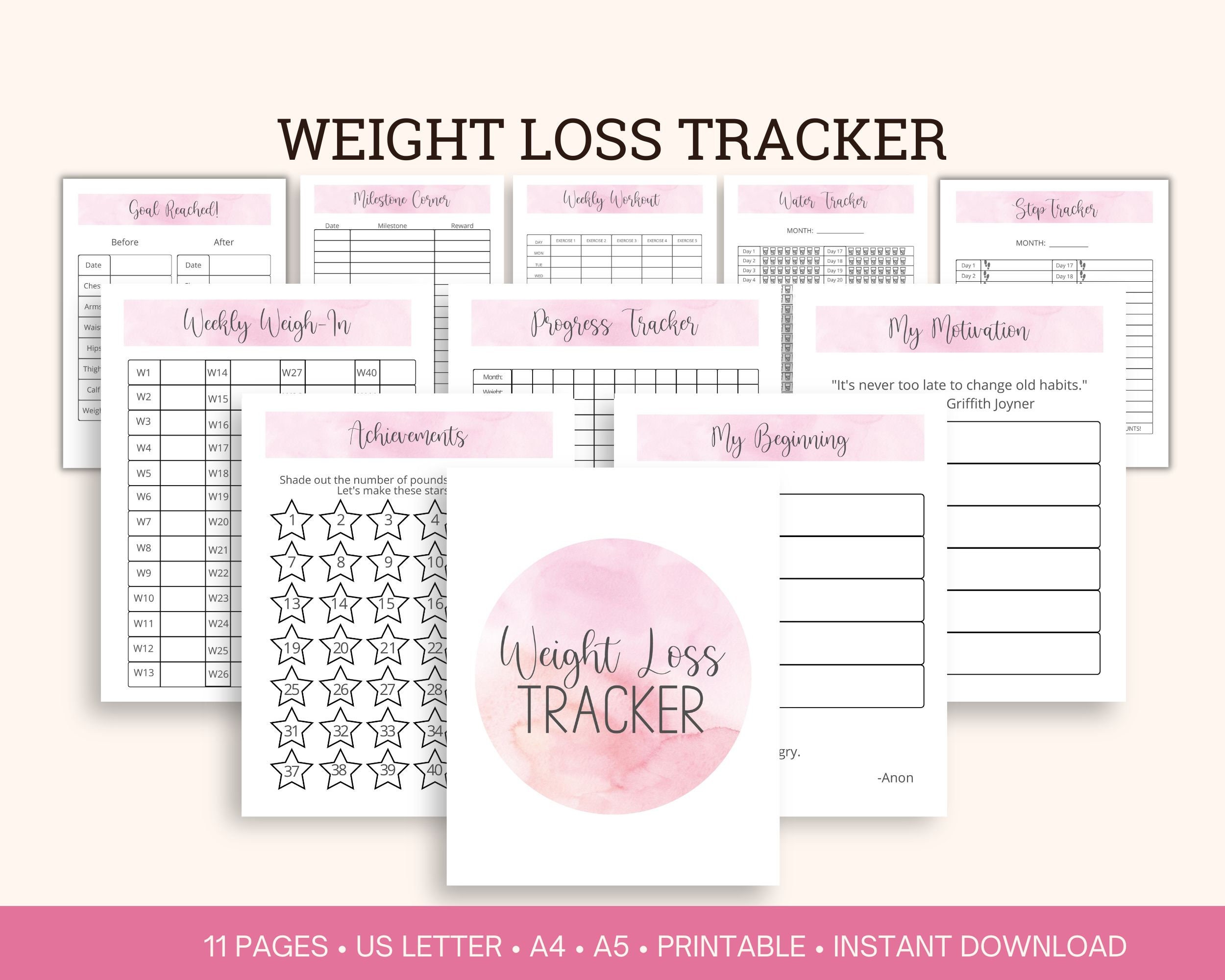Weight Loss Tracker Printable Bundle for Sensible Weight Loss, Fitness Planner (Digital Download)