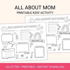 Mother&#39;s Day &quot;All About Mom&quot; printable coloring card for kids, also in Mum version, Mother&#39;s Day craft, school activity, church activity