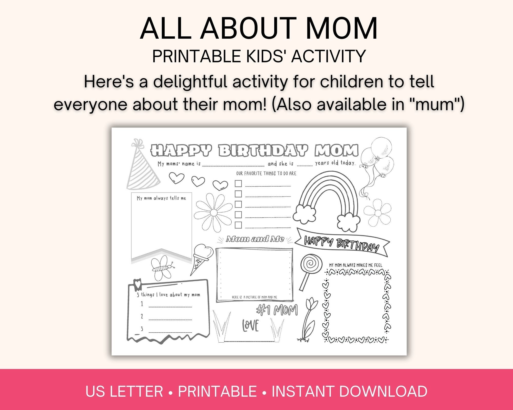 Mom Birthday Card, Kids Activities Sheet, Coloring Page, Party Favor ...