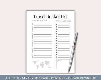 Travel Bucket List Printable, Minimalist Design (Digital Download)