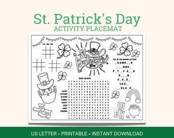 St. Patrick's Day printable activity placemat, Printable coloring page, printable kids activity, School, church, or birthday activity