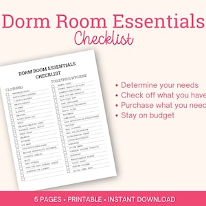 Dorm Room Essentials Checklist Printable, College Packing List, Back to ...