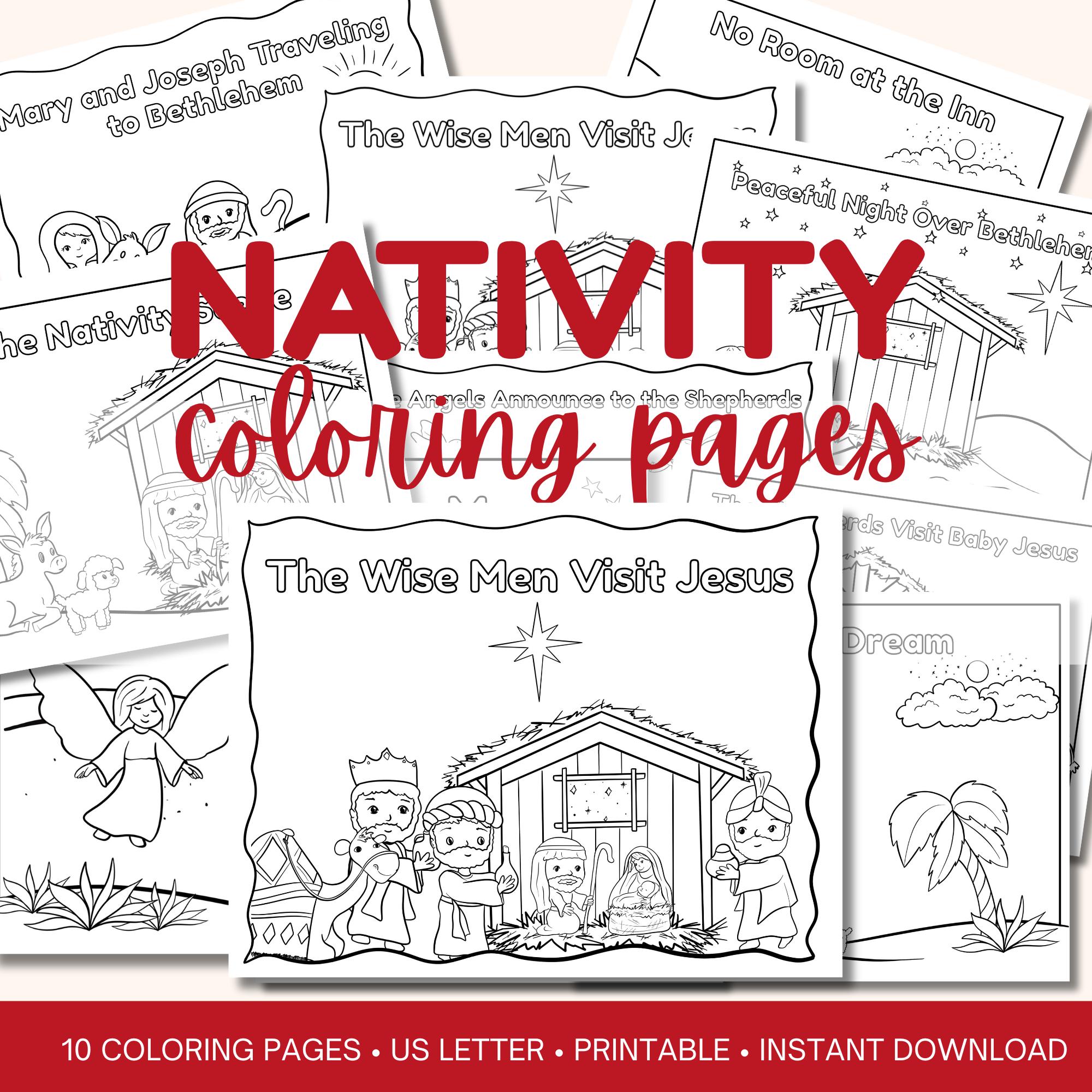 Nativity coloring pages, printable activity for kids ages 6-8