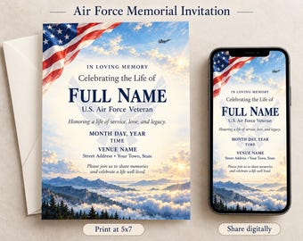 Air Force Veteran Celebration of Life Invitation, Patriotic Memorial, Editable Canva Template, 5x7 Digital Download