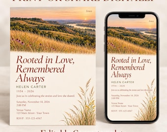 May include: A funeral invitation template featuring a landscape of rolling hills and a river at sunset. The text reads Rooted in Love, Remembered Always, Helen Carter, 1954-2026, and event details. The design includes illustrations of tall grasses.