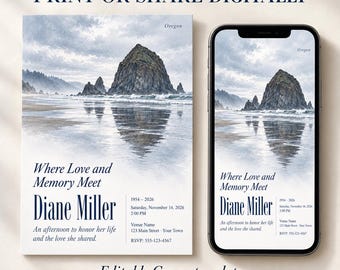 May include: A funeral invitation template featuring a coastal landscape with a large rock formation. Text reads: Print or Share Digitally, Where Love and Memory Meet, Diane Miller, 1954-2026, Saturday, November 14, 2026, 2:00 PM, Venue Name, 123 Main Street, Your Town, RSVP: 555-123-4567, Editable Canva template.