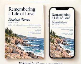 May include: A memorial invitation template featuring a coastal landscape with rocky cliffs, pine trees, and ocean waves. The text reads Remembering a Life of Love, Elizabeth Warren, 1954-2026, and event details. Shown as a print and on a smartphone.