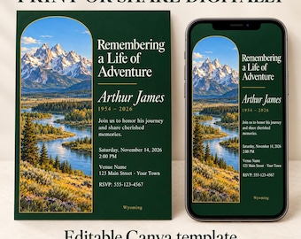 May include: A dark green funeral invitation template featuring an arched landscape image of snow-capped mountains and a river. Text reads: Remembering a Life of Adventure, Arthur James, 1954-2026, and event details including date, time, and location.