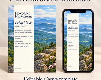 May include: A memorial service invitation template featuring a mountain landscape with rocky foreground and pink flowers. The text reads Honoring His Memory, Philip Mason, 1954-2026, event details, and RSVP. Shown as a printed card and on a smartphone screen.