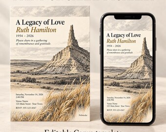 May include: A memorial invitation template featuring a landscape of a rocky peak and tall grass. Text reads: A Legacy of Love, Ruth Hamilton, 1954-2026, Please share in a gathering of remembrance and gratitude, Saturday, November 14, 2026, 2:00 PM, Venue Name, 123 Main Street, Your Town, RSVP: 555-123-4567.