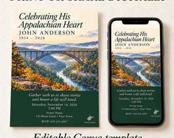 May include: A funeral announcement template featuring a landscape of the New River Gorge Bridge over a river with autumn trees. The text reads Celebrating His Appalachian Heart, John Anderson, 1954-2026, and event details.