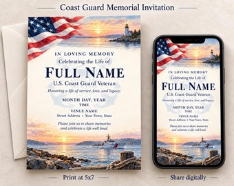 Coast Guard Veteran Celebration of Life Invitation, Patriotic Memorial, Editable Canva Template, 5x7 Digital Download