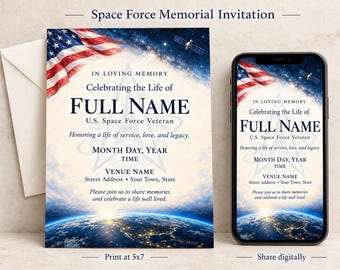 Space Force Veteran Celebration of Life Invitation, Patriotic Memorial, Editable Canva Template, 5x7 Digital Download