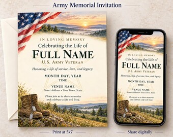 Army Veteran Celebration of Life Invitation, Patriotic Memorial, Editable Canva Template, 5x7 Digital Download