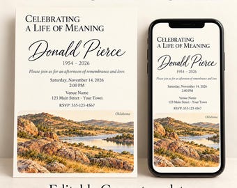 May include: A memorial invitation template featuring the text Celebrating a Life of Meaning, Donald Pierce, 1954-2026, and event details. The design includes a landscape photograph of a rocky shoreline by a lake with the word Oklahoma.