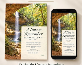 May include: A funeral invitation template featuring a waterfall landscape with the text A Time to Remember, Barbara Lewis, 1954-2026, and event details. The design is displayed on a physical card and a smartphone screen, showing an editable layout.