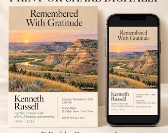 May include: A memorial invitation template featuring a landscape of North Dakota at sunset, with the text "Remembered With Gratitude," "Kenneth Russell," and event details including the date, time, location, and RSVP contact information.