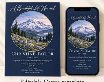 May include: A dark blue funeral invitation template featuring a circular mountain landscape illustration, the text A Beautiful Life Honored, Christine Taylor, 1954-2026, and event details including date, time, venue, and RSVP contact information.