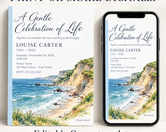 May include: A funeral invitation template featuring a coastal landscape with cliffs and ocean waves. The text reads A Gentle Celebration of Life, Louise Carter, 1954-2026, Saturday, November 14, 2026, 2:00 PM, Venue Name, 123 Main Street, Your Town, and RSVP: 555-123-4567.
