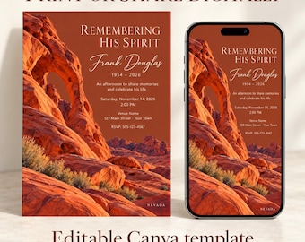 May include: A funeral invitation template featuring a desert landscape with red rock formations. The text reads: Remembering His Spirit, Frank Douglas, 1954-2026, An afternoon to share memories and celebrate his life, Saturday, November 14, 2026, 2:00 PM.